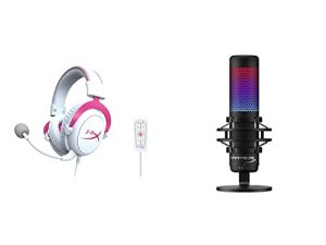 HyperX Cloud II - سماعة رأس للألعاب ، 7.1 صوت محيطي افتراضي - أبيض / وردي و QuadCast S - ميكروفون مكثف USB RGB للكمبيوتر الشخصي ، PS4 ، PS5 و Mac ، حامل ضد الصدمات مضاد للاهتزاز ، 4 أنماط قطبية