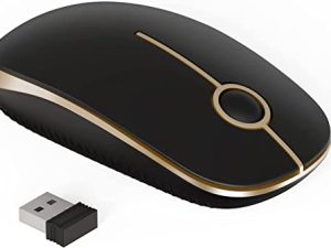 ماوس لاسلكي ، ماوس صامت 2.4 جيجا مع مستقبل USB ، عمر بطارية 18 شهرًا ، 1600 نقطة في البوصة عالية الدقة - فأرة كمبيوتر محمولة لنظام التشغيل Windows / Mac / Linux ، أسود وذهبي