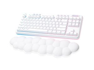 لوحة مفاتيح الألعاب الميكانيكية اللاسلكية Logitech G715 مع LIGHTSYNC RGB و LIGHTSPEED ومفاتيح اللمس (GX Brown) ومسند راحة اليد للكمبيوتر الشخصي / Mac - مع حزمة ألعاب يومية SIMS Spa بقيمة 20 دولارًا - ضباب أبيض