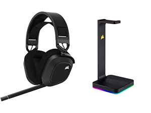 سماعة رأس لاسلكية للألعاب من CORSAIR HS80 RGB مع صوت مكاني - تعمل مع أجهزة Mac و PC و PS5 و PS4 - Carbon & ST100 RGB Premium Headset Stand with 7.1 Surround Sound - 3.5mm and 2xUSB 3.0