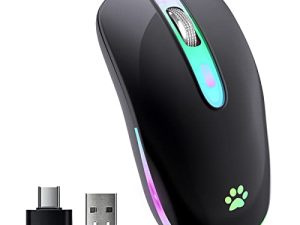FUWANG ماوس لاسلكي ، ماوس بلوتوث لاسلكي قابل لإعادة الشحن ، USB ضوئي محمول 2.4G بلوتوث لاسلكي ، فأرة كمبيوتر ذات وضعين مع مستقبل USB ومن النوع c (أسود)
