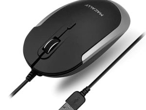 Macally Silent ماوس سلكي - ماوس USB نحيف ومضغوط لأجهزة Apple Mac أو Windows PC كمبيوتر محمول / كمبيوتر مكتبي - مصمم بمستشعر بصري ومفتاح DPI - ماوس كمبيوتر سلكي بسيط ومريح (رمادي فلكي)