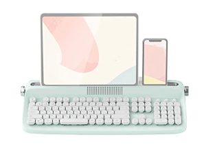 TISHLED Typewriter Keyboard Wireless Bluetooth 5.0 Retro Aesthetic Cute Kawaii Round Keycaps 106-Key with Num Pad Clicky Mechanical Feeling with Pad / Phone Holder for Windows / Mac OS / Android / iOS (Mint)