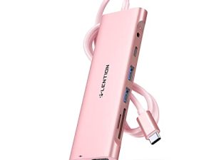 LENTION 3.3FT Long Cable USB C Hub مع 4K HDMI ، 2 USB 3.0 ، قارئ بطاقات ، Aux ، بيانات / شحن من النوع C متوافق مع 2022-2016 MacBook Pro ، Mac Air / Surface ، المزيد ، محول تشغيل ثابت (CB-C37 ، وردي ذهبي )