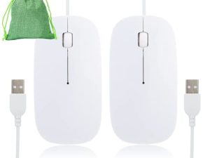 ماوس USB أبيض - ماوسات سلكية لأجهزة الكمبيوتر المحمول وسطح المكتب والهواء الخارجي الصامت 2 عبوة صغيرة الحجم متوافقة مع أجهزة Mac iMac والكمبيوتر الشخصي