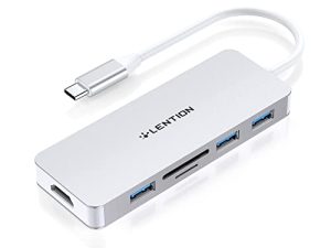 LENTION USB C Hub مع 4K HDMI ، 3 USB 3.0 ، قارئ بطاقات SD / Micro SD متوافق مع 2022-2016 MacBook Pro ، جهاز Mac Air / Surface جديد ، محول متعدد المنافذ معتمد للسائق (CB-C18 ، فضي)