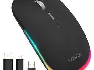 ماوس WisFox Bluetooth ، قابل لإعادة الشحن نحيف صامت 3 أوضاع بلوتوث 5.0 و 3.0 + ماوس لاسلكي USB ، ماوس محمول لاسلكي ومريح للكمبيوتر المحمول ، MacBook ، iPad ، Chromebook (أسود)