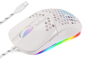 ماوس ألعاب HXMJ سلكي USB C ، هيكل قرص العسل خفيف الوزن ، 7200 ديسيبل متوحد الخواص ، 5 RGB بإضاءة خلفية لأجهزة Apple MacBook أو الكمبيوتر الشخصي أو أجهزة الكمبيوتر المحمولة مع منفذ Type C (أبيض)