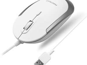 Macally Silent ماوس سلكي - ماوس USB نحيف ومضغوط لأجهزة كمبيوتر Apple Mac أو Windows PC / كمبيوتر محمول / سطح مكتب - مصمم بمستشعر بصري ومفتاح DPI - ماوس كمبيوتر سلكي بسيط ومريح (أبيض)