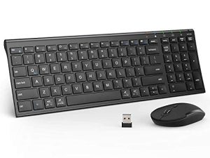 iClever GK03 لوحة مفاتيح لاسلكية وماوس كومبو - ماوس لوحة مفاتيح لاسلكي محمول 2.4 جيجا ، تصميم مريح قابل لإعادة الشحن بالحجم الكامل لوحة مفاتيح اتصال ثابتة رفيعة ونحيفة لنظام التشغيل Windows 7/8/10 ، Mac OS
