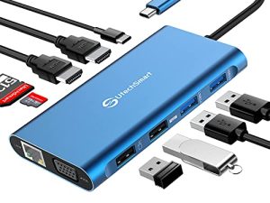 محطة الإرساء ، محطة إرساء الكمبيوتر المحمول UtechSmart ثلاثية العرض USB C مع 2 HDMI ، VGA ، منفذ PD 3.0 ، قارئ بطاقات SD TF ، 4 منافذ USB USB-C Dock متوافق مع MacBook ، كمبيوتر محمول USBC آخر