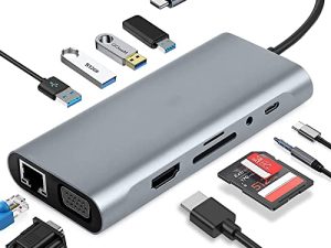 محول USB C Hub متعدد المنافذ 11 في 1 ، محطة إرساء USB C مع 4K HDMI / VGA / صوت 3.5 ملم / طاقة 100 واط / 4 منافذ USB 3.0 / MicroSD / TF / 1Gbps محول إيثرنت لجهاز MacBook ، Switch ، Steam Deck ، أجهزة Type C.