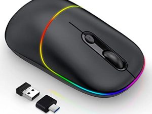 ماوس لاسلكي LED من RAPIQUE ، فأرة كمبيوتر قابلة لإعادة الشحن صامتة RGB مع مستقبل USB ومحول من النوع C ، 2.4 جيجا بايت مكتب محمول نحيف لاسلكي لأجهزة الكمبيوتر المحمول ، الكمبيوتر الشخصي ، ChromeBook ، الكمبيوتر اللوحي ، Mac (أسود)