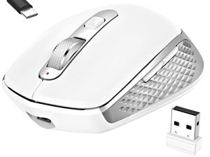FENIFOX بلوتوث ماوس استقبال USB قابل لإعادة الشحن لاسلكي مريح صامت لأجهزة متعددة (BT5.0 / 3.0 / 2.4G) فأرة بلوتوث لأجهزة الكمبيوتر المحمول وأجهزة الكمبيوتر اللوحية التي تعمل بنظام Windows Mac - أبيض فضي