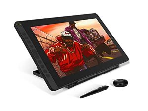 2021 HUION KAMVAS 16 جهاز لوحي للرسم للرسومات مع شاشة عرض رسومية مغلفة بالكامل مع قلم قابل للإمالة 10 مفاتيح تشغيل سريع قابل للتعديل ، شاشة 15.6 بوصة للكمبيوتر / Mac / Android / Linux ، أسود
