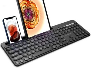 لوحة مفاتيح Vortec لاسلكية متعددة الأجهزة تعمل بالبلوتوث لأجهزة iPhone و iPad و Samsung و Android Phone و Tablet Slim Keyboard لجهاز Mac و iMac - لوحة مفاتيح عالمية للهواتف الذكية مع حامل هاتف للكمبيوتر الشخصي