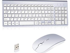 لوحة مفاتيح لاسلكية وماوس كومبو ، Kang RUI 2.4G USB كامل الحجم فائق النحافة متوافق مع كمبيوتر محمول ماك للكمبيوتر المحمول رفيع للغاية ، متوفر لنظام التشغيل Windows Android Mute (Silvery-2