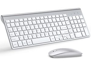 لوحة مفاتيح لاسلكية وماوس فائق النحافة ، TopMate 2.4G Silent Compact Mouse and Scissor Switch Keyboard Set مع غطاء ، بطاريتان AA و 2 AAA ، لأجهزة الكمبيوتر / الكمبيوتر المحمول / Windows / Mac - فضي أبيض