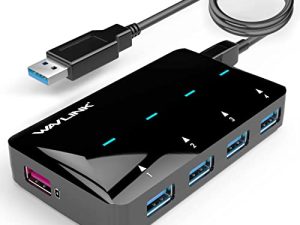 WAVLINK USB 3.0 Hub ، محول 7 في 1 من النوع A مع 4 منافذ بيانات USB 3.0 ، منفذ شحن ذكي ، منفذ USB B ، مقبس طاقة DC لنظام التشغيل Windows XP / Vista / 7/8/10 & MAC 10.1 أعلاه