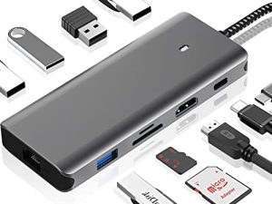 محول USB C Hub متعدد المنافذ 10 في 1 ، محطة إرساء USB C مع 5 منافذ USB / 4K HDMI / توصيل طاقة 100 وات / MicroSD / TF / 1Gbps Ethernet لأجهزة MacBook و Dell XPS والمزيد من الأجهزة من النوع C.