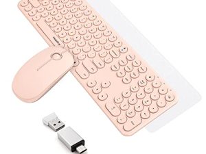 Mobifice Cute Keyboard and Mouse Wireless لأجهزة الكمبيوتر / اللاب توب / Windows / Mac / الأجهزة اللوحية / Apple iPad ، فائق النحافة 2.4 جيجاهرتز USB لاسلكي كامل الحجم صامت ريترو لوحة مفاتيح وماوس للكمبيوتر (وردي)
