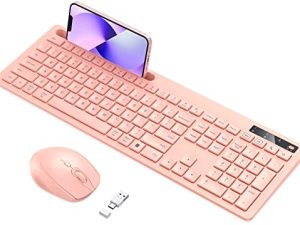 لوحة مفاتيح وماوس لاسلكي وردي اللون ، لوحة مفاتيح لاسلكية Vivefox Pink مع حامل هاتف USB A و Type C ، لوحة مفاتيح وماوس ذهبي وردي متوافق مع أجهزة الكمبيوتر Windows و Mac و MacBook / Air / Pro