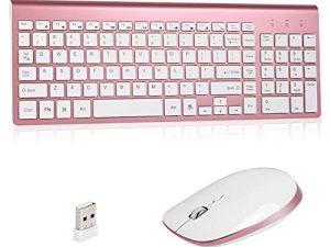 لوحة مفاتيح لاسلكية وماوس كومبو ، 2.4 جيجا بايت USB متوافق مع أجهزة الكمبيوتر المحمول MAC PC Notebook كمبيوتر مكتبي رفيع للغاية ، لطيف لنظام Windows Mute (وردي ذهبي)
