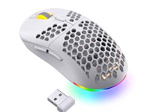 LTC Mosh Pit 16000 DPI RGB فأرة ألعاب لاسلكية مع هيكل خفيف الوزن على شكل قرص العسل ، شكل مريح للاستخدام باليد اليمنى أو اليسرى ، ماوس مريح 2.4 جيجا للكمبيوتر الشخصي / ماك / الكمبيوتر المحمول ، أبيض