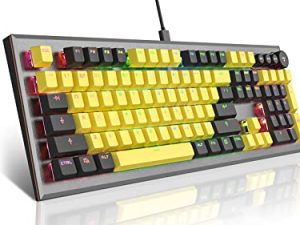 لوحة مفاتيح ميكانيكية للألعاب ، لوحة مفاتيح سلكية PowerLead بإضاءة خلفية بألوان قوس قزح RGB مع مسند معصم جلدي قابل للفصل ، إعدادات قابلة للبرمجة مع N-Key Flip ، لأجهزة الكمبيوتر التي تعمل بنظام Windows / MAC (104 مفاتيح ، مفتاح أزرق)