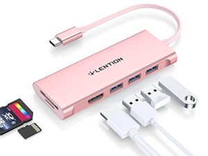 LENTION USB C Hub مع 4K HDMI ، 3 USB 3.0 ، قارئ بطاقات SD 3.0 متوافق مع 2022-2016 MacBook Pro 13/15/16 ، New Mac Air / iPad Pro / Surface ، المزيد ، محول دونجل للسائق الثابت متعدد المنافذ (CB-C34 ، وردي ذهب)
