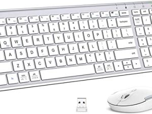 iClever GK03 لوحة مفاتيح لاسلكية وماوس كومبو - ماوس لوحة مفاتيح لاسلكي محمول 2.4 جيجا ، تصميم مريح قابل لإعادة الشحن بالحجم الكامل لوحة مفاتيح اتصال ثابتة رفيعة ونحيفة لنظام التشغيل Windows 7/8/10 ، Mac OS
