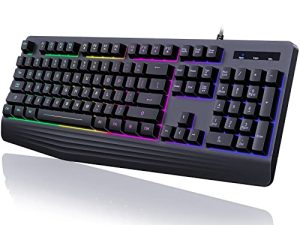 لوحة مفاتيح الألعاب ، 7 ألوان قوس قزح بإضاءة خلفية LED ، Yesbeaut 104 Keys Quiet Light Up Keyboard مع مسند للمعصم ، مفاتيح للوسائط المتعددة ، مفاتيح Whisper Silent مقاومة للظلال ، لوحة مفاتيح سلكية مقاومة للماء لأجهزة الكمبيوتر Mac Xbox