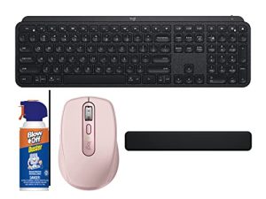 لوحة مفاتيح لاسلكية متطورة من لوجيتك MX Keys مع ماوس MX Anywhere 3 صغير الأداء (وردي) ومجموعة راحة النخيل ومنفضة الهواء (4 عناصر)