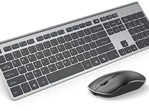 لوحة مفاتيح لاسلكية قابلة لإعادة الشحن Mouse-J JOYACCESS 2.4G لوحة مفاتيح وماوس لاسلكي نحيفان بالحجم الكامل مع عمر بطارية طويل ، تصميم مريح ومضغوط لأجهزة الكمبيوتر المحمول والكمبيوتر الشخصي وسطح المكتب والكمبيوتر و Windows- أسود ورمادي