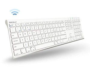 لوحة مفاتيح لاسلكية تعمل بالبلوتوث من Macally لأجهزة كمبيوتر Mac أو Windows - متوافقة مع لوحة مفاتيح Apple القابلة لإعادة الشحن - لوحة مفاتيح متعددة الأجهزة ، حتى 3 أجهزة مزودة بـ 110 مفتاحًا ، و 20 اختصارًا ، ولوحة مفاتيح رقمية - أبيض