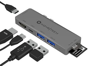 NOV8Tech USB C Hub Adapters for MacBook Air Pro 13 15 inch M1 2022 / 2021-2018 Space Gray MacBook Air USB Adapter Dongle ، 4K HDMI ، 100W PD ، 40Gbps TB3 5K 60Hz ، USB-C ، 2 USB 3.0 وقارئات بطاقات SD / Micro