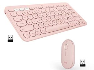 لوحة مفاتيح بلوتوث لاسلكية متعددة الأجهزة من لوجيتك K380 لأجهزة ماك + ماوس لاسلكي Pebble M350 مزود بتقنية البلوتوث أو USB لأجهزة iPad والكمبيوتر المحمول والكمبيوتر الشخصي وماك - مجموعة مع تصميم نحيف محمول ، نقرات هادئة - وردي