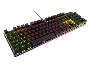 لوحة مفاتيح ألعاب ضوئية ميكانيكية سلكية من POWZAN - مفتاح إضاءة خلفية RGB LED بألوان قوس قزح مع مفتاح لمس وأزرق النقر للكمبيوتر ، لاعبي أجهزة الكمبيوتر التي تعمل بنظام Windows - 104 مفتاح بالحجم الكامل ، أسود ألومنيوم