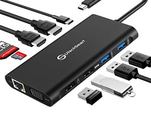 محطة الإرساء ، محطة إرساء USB C ثلاثية العرض من UtechSmart مع 2 HDMI ، VGA ، منفذ توصيل الطاقة من النوع C ، قارئ بطاقات SD TF ، 4 منافذ USB-C Dock متوافق مع MacBook ، كمبيوتر محمول USBC آخر