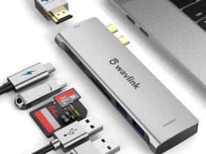 موزع WAVLINK 7 في 2 USB C لجهاز MacBook ، محطة إرساء صغيرة مع منفذ Thunderbolt 3 ، مصدر طاقة 100 وات ، 4K HDMI ، USB 3.0 ، قارئ بطاقات SD / TF