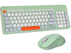 لوحة مفاتيح لاسلكية وماوس من Arcwares ، لوحة مفاتيح لطيفة باللون الأخضر اللطيف ، 2.4 جيجا بايت USB مريح كامل الحجم كتم صوت للكمبيوتر والكمبيوتر المحمول وأجهزة الكمبيوتر المكتبية وأجهزة Mac