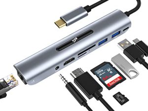 USB C Hub ، 8-in-1 Type C Hub مع منفذ Ethernet ، 4K USB C إلى HDMI ، منافذ USB 3.0 / 2.0 ، قارئ بطاقات SD / TF ، توصيل طاقة 100 واط ، مقبس صوت 3.5 ملم ، لنظام التشغيل Windows ، Mac OS ، Surface احترافية ، المزيد من أجهزة الكمبيوتر المحمولة المزودة بمنفذ USB-C