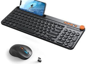 لوحة مفاتيح بلوتوث وماوس لاسلكي من CHESONA ، لوحة مفاتيح وماوس قابلة لإعادة الشحن متعددة الأجهزة مع حامل هاتف ، وضع مزدوج (Bluetooth 5.0 + 3.0 + 2.4 جيجا هرتز) ، متوافق مع Mac / Windows / iOS / Android