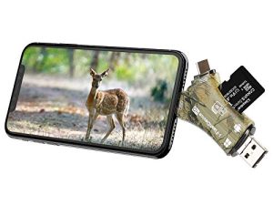 Liplasting Trail Camera Viewer SD Card Reader for iPhone iPad Mac & Android، 4 in 1 SD / Micro SD / TF Memory Card Reader Adapter لعرض صور أو مقاطع فيديو لكاميرا ألعاب الصيد على الهاتف الذكي