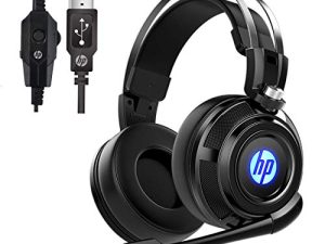 سماعة رأس ستريو للألعاب سلكية من HP مع ميكروفون وسماعات صوت محيطي 7.1 للكمبيوتر الشخصي وأجهزة Mac والكمبيوتر المحمول وسماعات فوق الأذن وإضاءة LED