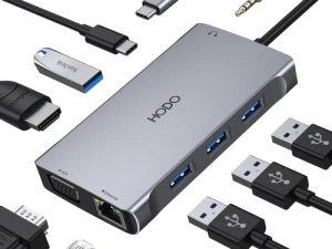 محول USB C Hub متعدد المنافذ لجهاز MacBook Pro / Air ، محول 9 في 1 Mac USB C Dongle MacBook إلى 4K HDMI ، VGA Ethernet ، شاحن 100 واط PD ، صوت / ميكروفون 3.5 ملم ، 4 منافذ USB لأجهزة USB-C / Type C