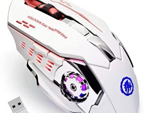 ماوس الألعاب اللاسلكي Bluetooth Mouse RGB القابل لإعادة الشحن 2.4G USB للكمبيوتر اللاسلكي مع 7 إضاءة خلفية و 6 أزرار ونقرة صامتة لأجهزة الكمبيوتر المحمول و iPad و Mac OS والكمبيوتر الشخصي و Windows - أبيض