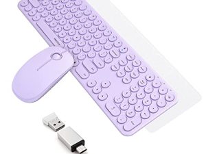 Mobifice Cute Keyboard and Mouse Wireless لأجهزة الكمبيوتر / اللاب توب / Windows / Mac / الأجهزة اللوحية / Apple iPad ، فائق النحافة 2.4 جيجا هرتز USB لاسلكي كامل الحجم صامت ريترو لوحة مفاتيح وماوس (أرجواني)