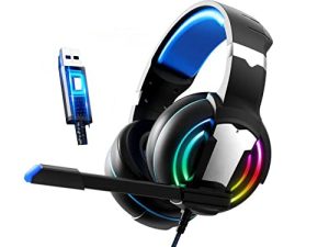 سماعة رأس USB للألعاب للكمبيوتر الشخصي / ماك ، وسماعات رأس سلكية للألعاب مع صوت محيطي 7.1 ، وميكروفون لإلغاء الضوضاء وإضاءة RGB ، ومحرك 50 مم ، متوافق مع سطح المكتب ، أسود