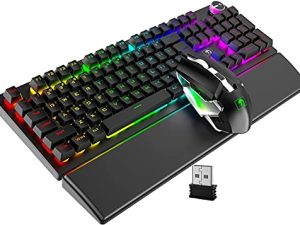لوحة مفاتيح لاسلكية قابلة لإعادة الشحن ومزودة بمسند للمعصم بإضاءة خلفية RGB لوحة مفاتيح ميكانيكية صامتة مزودة بمقبض تحكم 7 ألوان كتم الصوت وسادة إسفنجية ميموري فوم مسند اليد لألعاب الكمبيوتر والكمبيوتر